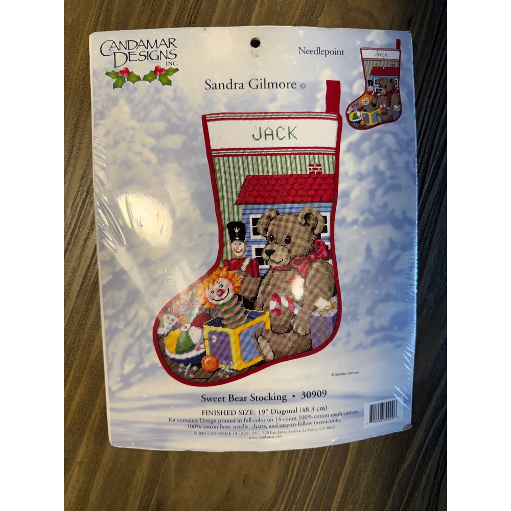 Christmas Holiday Candamar Designs Needlepoint Stocking Kit New Sweet Bear 18"